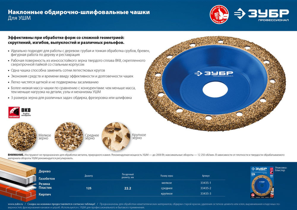 Чашка обдирочно-шлифовальная наклонная №2, среднее зерно, 125 мм, ВК8 ЗУБР Профессионал 33435-2