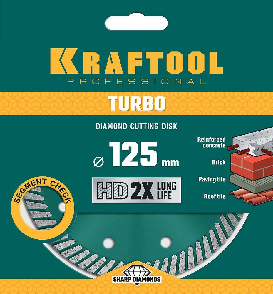 Сегментированный алмазный диск Turbo, 125 мм, (22.2 мм, 10 х 2.4 мм) KRAFTOOL 36682-125