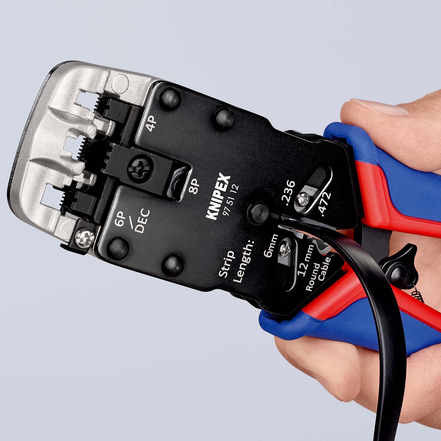 Пресс-клещи для штекеров RJ, 3 гнезда, RJ 10 (4-pin), RJ 11/12 (6-pin), RJ 45 (8-pin), 200 мм, SB (KN-975112SB)