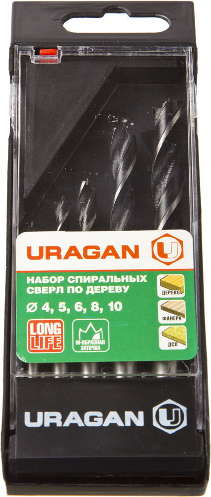 Набор спиральных сверл по дереву 5 шт: 4-5-6-8-10 мм URAGAN 29419-H5