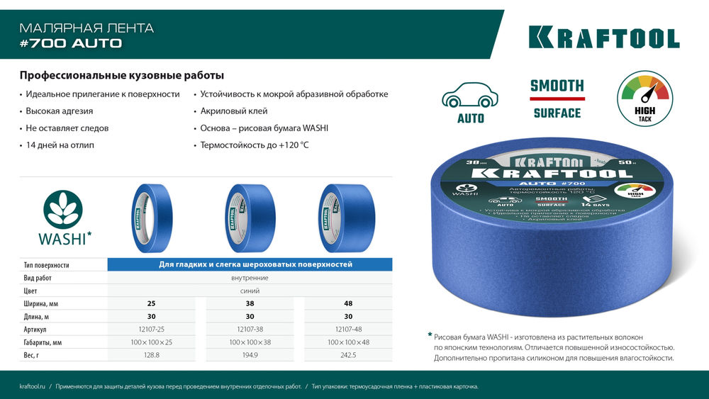 Малярная лента #700 Auto, 48 мм х 50 м, для авторемонтных работ KRAFTOOL 12107-48