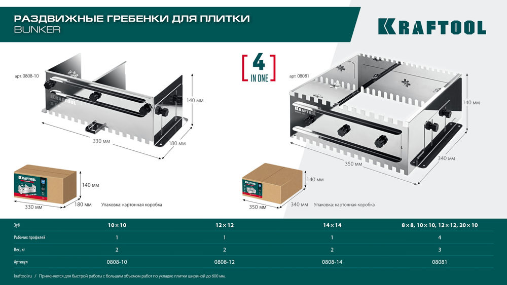 Раздвижная гребенка для плитки зуб 14?14 мм до 600 мм нерж. сталь BUNKER KRAFTOOL 0808-14