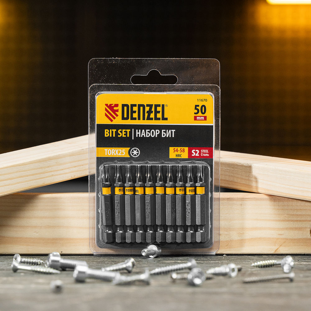 Бита TX 25х50, сталь S2, шестигранный профиль, 10 шт. Е 6,3 Denzel (11670)
