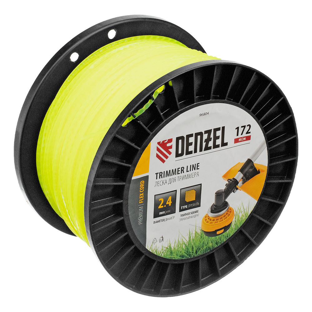 Леска для триммера зубчатый квадрат, 2,4мм х 172м, на DIN катушке FLEX CORD Denzel (96804)