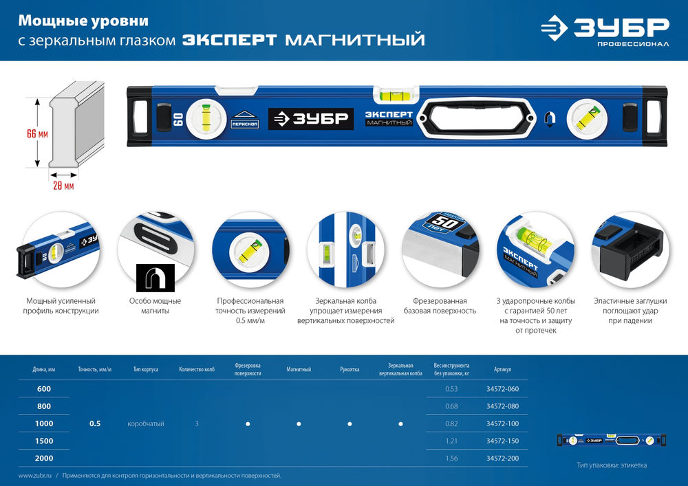 Уровень магнитный мощный ЭКСПЕРТ-М 1000 мм, с зеркальным глазком ЗУБР Профессионал 34572-100